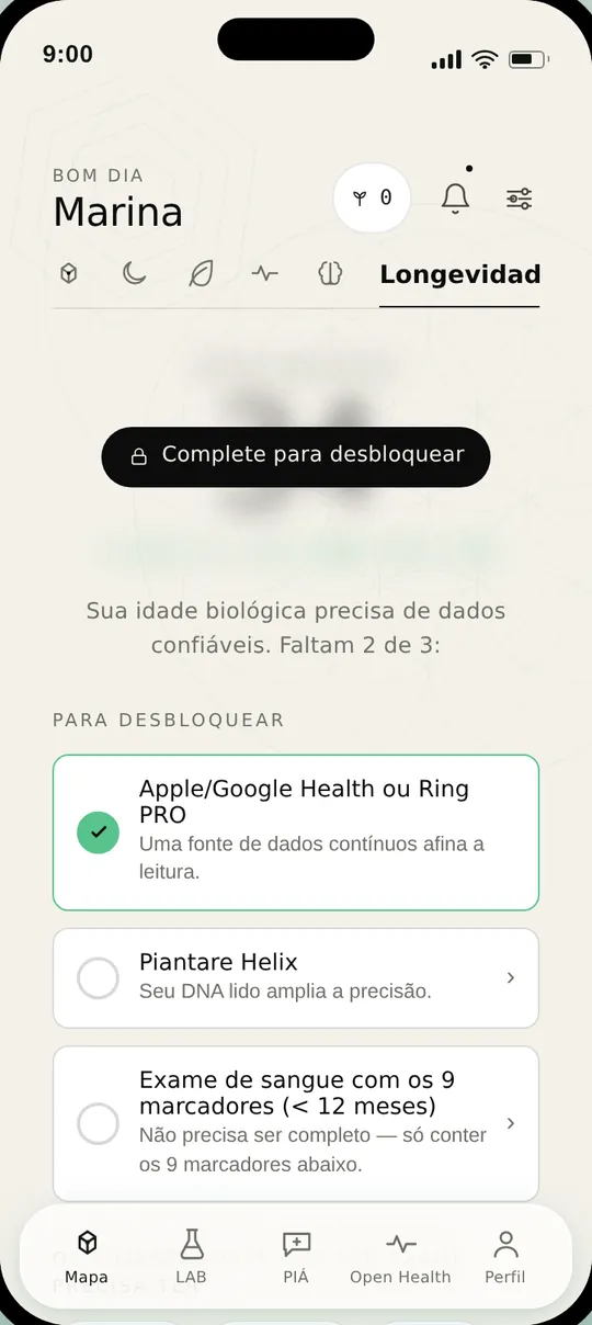Tela Longevidade com os requisitos da idade biológica