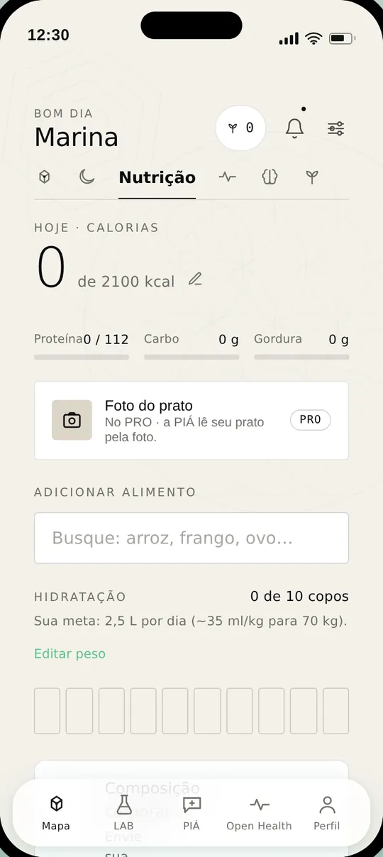 Tela Nutrição às 12h30 com calorias, macros e busca de alimentos