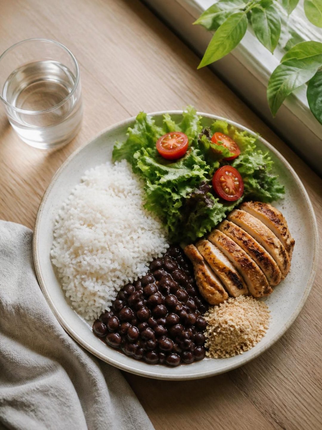 Prato brasileiro com arroz, feijão, frango e salada