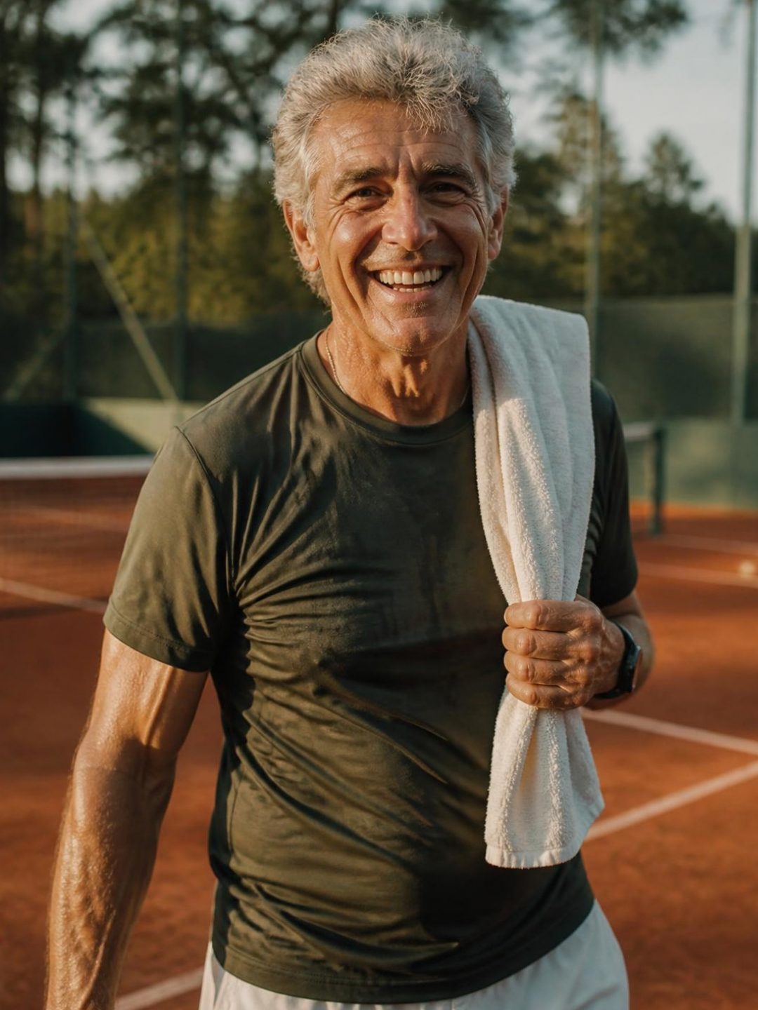 Homem de 60+ sorrindo após jogar tênis