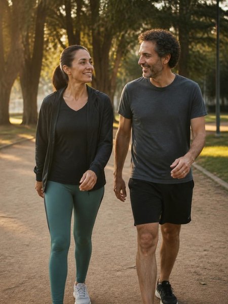 Casal caminhando no parque ao fim da tarde