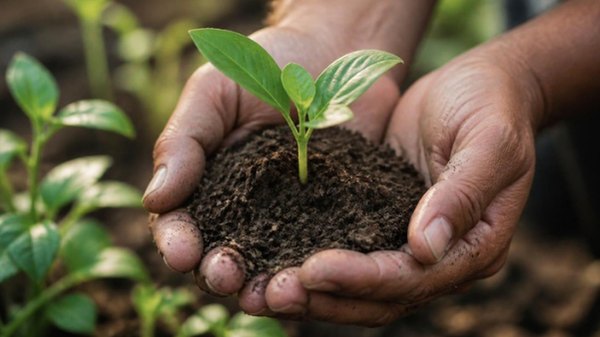 Mãos segurando terra com uma muda