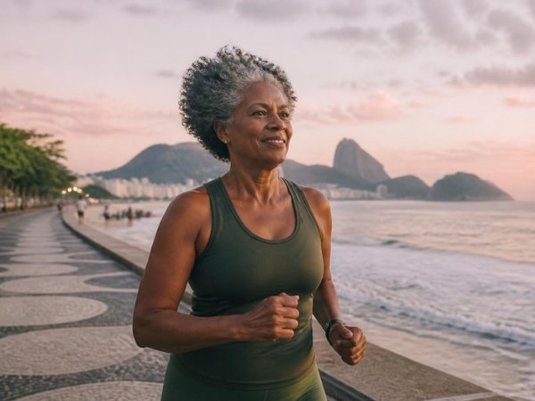 Mulher de 60+ correndo na orla ao amanhecer